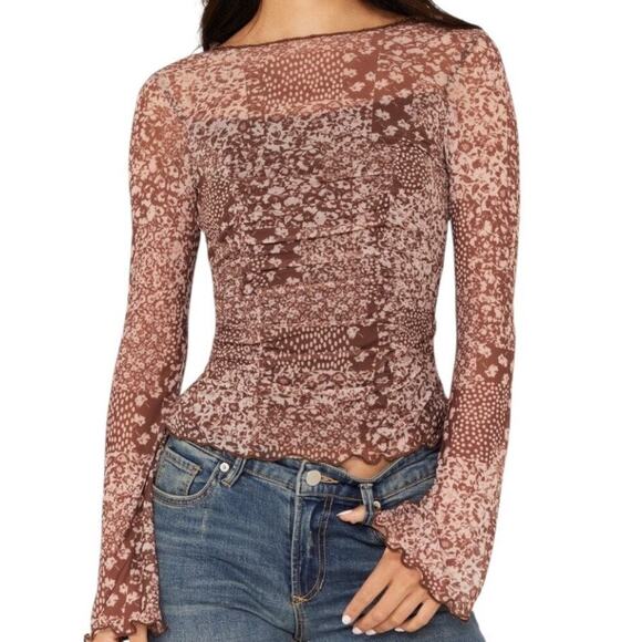 Ash & Violet Trixxi Womens Floral Mesh Long Sleeve Seamed Top Brown Size XL NWT - Picture 1 of 14